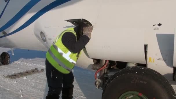 Chargement de choses touristiques en avion à Barneo Arctic . — Video