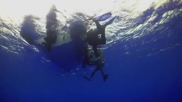 Divers ascend from depth seabed along the ropes. — Stock Video