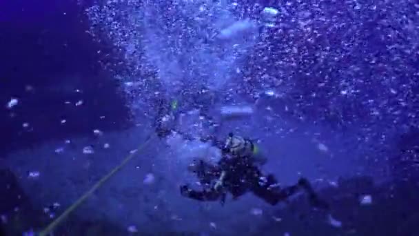 Duikers duik op de zeebodem van een diepte langs de touwen. — Stockvideo