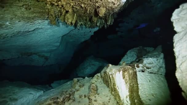 Víz alatti sztalagmitok a mexikói Yucatan-cenote. — Stock videók