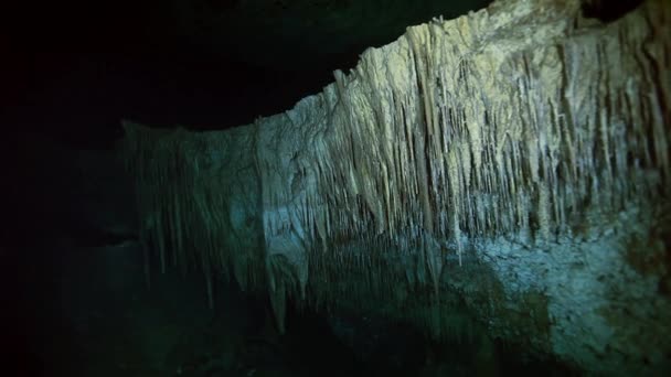 Undervattenstalaktiter i mexikanska Cenote. — Stockvideo