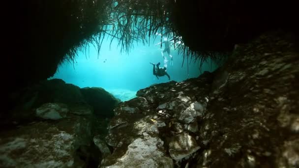 Kořeny stromů a kameny v Yucatan mexické cenote. — Stock video