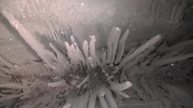 Buz mağarasında buz sarkıtları ve dikitler..