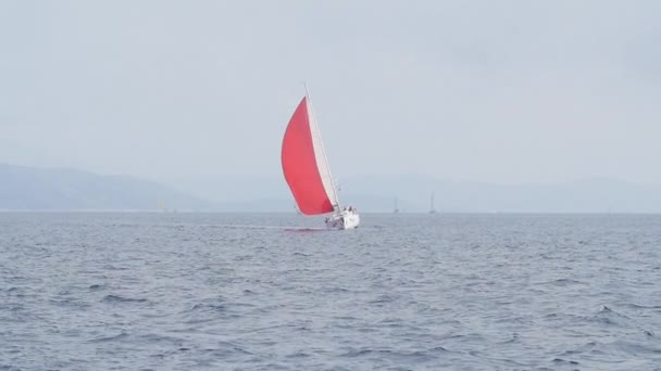 Yachts à voile avec voiles rouges en pleine mer . — Video