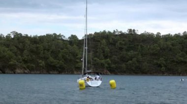 Körfezde yüzen insanların olduğu beyaz yatlar..
