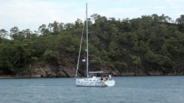 Körfezde yüzen insanların olduğu beyaz yatlar..