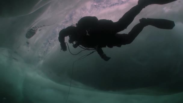 Δύτης κάτω από πάγο στο φόντο της υποβρύχιας λίμνης Baikal. — Αρχείο Βίντεο