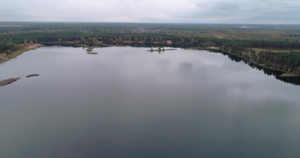Sebuah overhead menembak daerah liar danau buatan dengan permukaan cermin air murni di pinggiran transparan diisi dengan air tawar dikelilingi oleh hutan hijau padat Konsep alam luar ruangan. — Stok Video