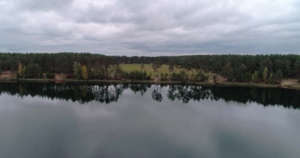 Vídeo aéreo drone lagoas claras com superfície de espelho de água pura nos arredores de lago artificial com superfície de espelho de água pura cercada por floresta verde densa Conceito natureza ao ar livre. — Vídeo de Stock