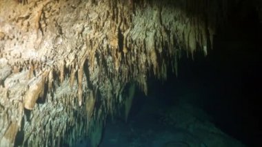 Yucatan Meksika 'nın sualtı mağaralarındaki kayalıklarda dalgıçlar.