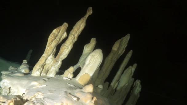 Buceadores en rocas de cueva submarina Yucatán México cenotes. — Vídeo de stock