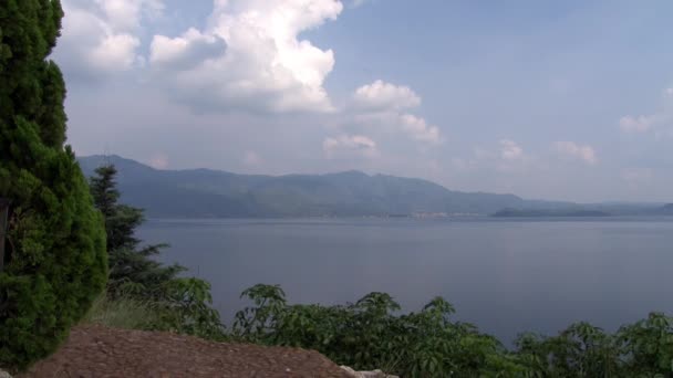 Rostliny na pobřeží jezera Fuxian na pozadí krajiny hor a mlhy. — Stock video