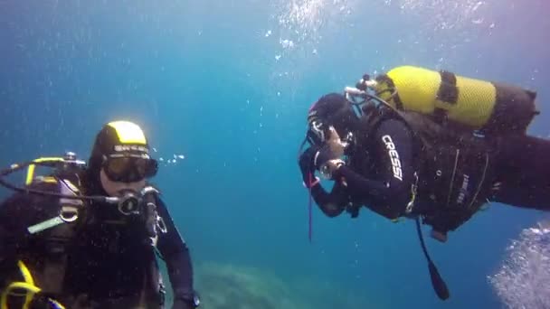 Dykare vinkar Hej under vatten i Atlanten. — Stockvideo