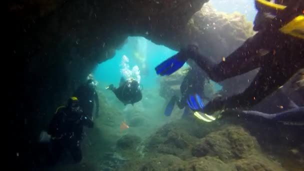 Buceadores en el fondo de enormes rocas en el océano Atlántico. — Vídeo de stock