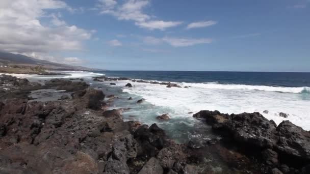 손으로 들고 있는, 바위 근처의 해 안선에 있는 흰 거품 파도의 모습. — 비디오