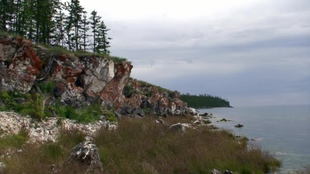 Zöld tajga fák a legmélyebb Bajkál édesvízi tó sziklás partján. — Stock videók