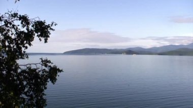 Kayalık kıyı şeridinin arka planında yeşil ağaçlar olan dağ manzarası.