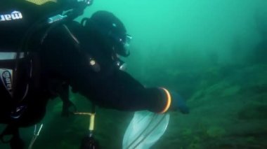 Araştırmacı gezgin, Baykal Gölü 'nün dibindeki buzun altında dalgıç..