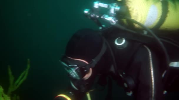 Investigador viajero buzo bajo el agua bajo el hielo en el fondo del lago Baikal. — Vídeo de stock