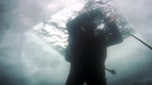 Ερευνητής ταξιδιώτης δύτης υποβρύχια κάτω από τον πάγο στο κάτω μέρος της λίμνης Baikal. — Αρχείο Βίντεο