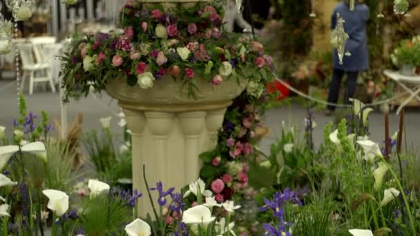 Dekoration och blommor på vårfestivalen RHS Malvern Hills. — Stockvideo