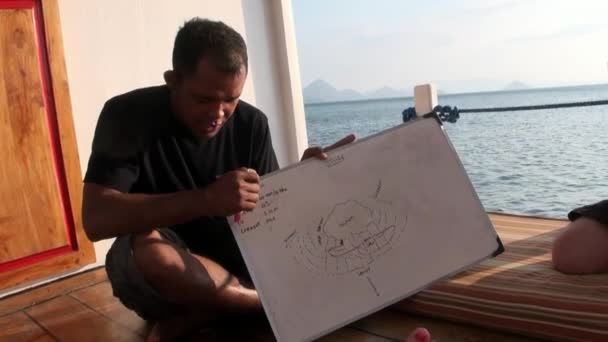 Mann sitzt in fahrendem Boot mit rotem Bug und schwarzer Flagge im Meer. — Stockvideo