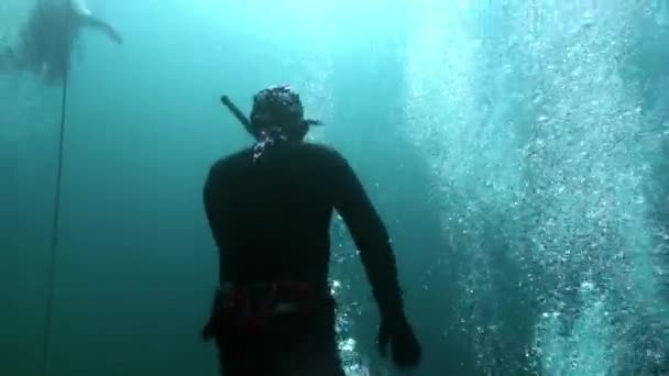 Водолази силуетів на підводному Різдво біля ялинки на озері Байкал.. — стокове відео