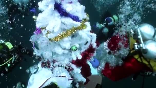 Vacaciones y buceo en Año Nuevo cerca del árbol de Navidad bajo el agua. — Vídeo de stock