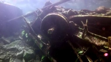 Baykal Gölü 'nün soğuk sularının altında şeffaf buzdan oluşan sualtı manzarası.