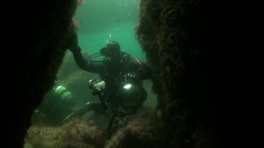 Atlantik Okyanusu 'ndaki su altı kaya ve yarıkları yakınında dalgıçlar.