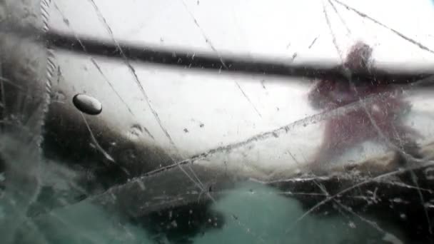 Подводная стрельба под льдом хоккеистов с шайбой на Байкале. — стоковое видео