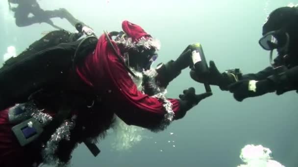 Vacaciones y buceo en Año Nuevo cerca del árbol de Navidad bajo el agua. — Vídeos de Stock