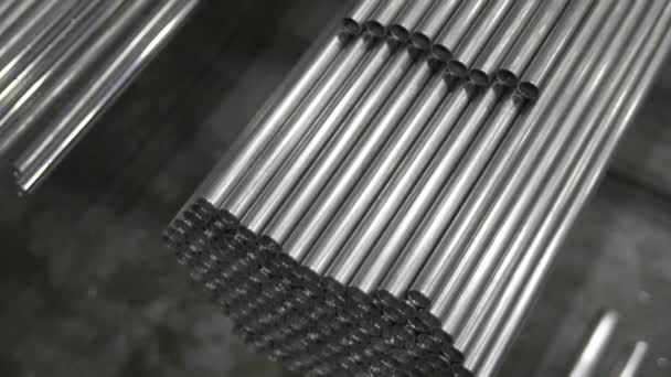 Stainless steel pipes in a warehouse of plant — Stock Video