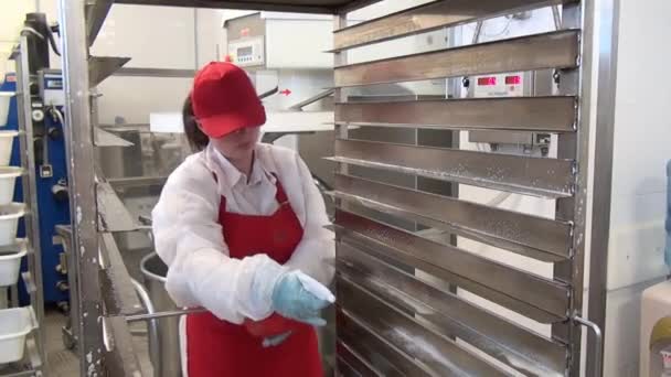 Femme en tablier rouge et bonnet lave l'équipement industriel en atelier. — Video