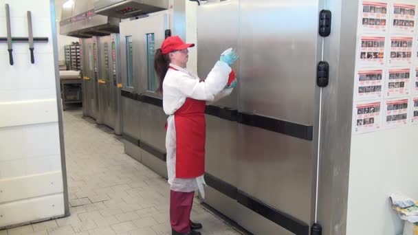 Vrouw desinfecteert industriële apparatuur deuren in industriële werkplaats. — Stockvideo