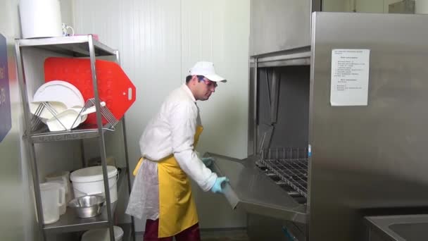Man werknemer laadt de gerechten in industriële vaatwasser in de voedingsindustrie. — Stockvideo