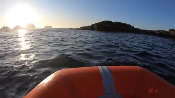 Una barca a remi che nuota attraverso un mare antartico ghiacciato. — Video Stock