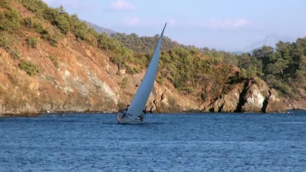 Weiße Yachten segeln im Sonnenschein vor dem Hintergrund von Meer und Bergen in der Bucht. — Stockvideo