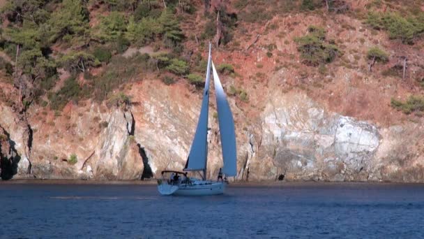 Weiße Yachten segeln im Sonnenschein vor dem Hintergrund von Meer und Bergen in der Bucht. — Stockvideo