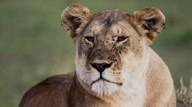 Bir aslan sürüsü Afrika 'nın bozkırlarında safaride oturuyor..