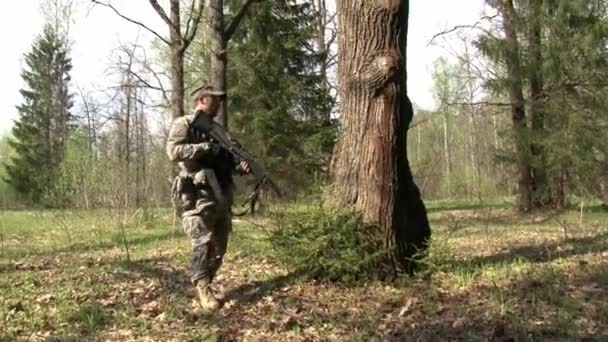 Airsoft játékos az erdőben van.. — Stock videók