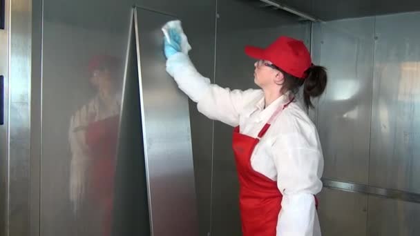 Žena dezinfikuje průmyslové ocelové zařízení pro sušení sušenek a strouhanek. — Stock video