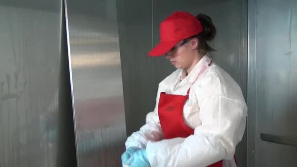 Η γυναίκα παράγει απολυμαντικό βιομηχανικό εξοπλισμό για την ξήρανση ψίχουλα ψωμιού. — Αρχείο Βίντεο