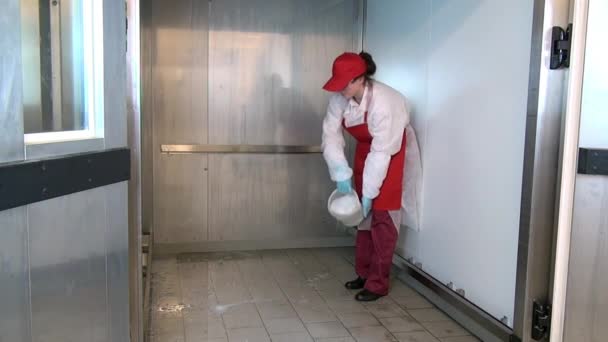 Жінка поливає підлогу дезинфікуючим розчином промислове харчове обладнання.. — стокове відео