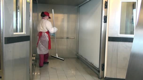 Woman mopping floor with brush for cleaning floor in industrial oven. — Stock Video