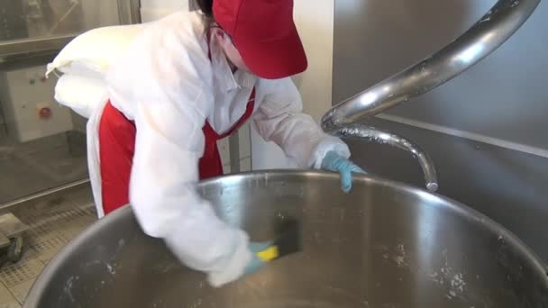Vrouw in rood schort en pet reinigt kneder in de voedingsindustrie. — Stockvideo