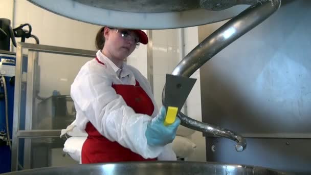 Woman in red apron and cap cleans kneader in food industry. — Stock Video