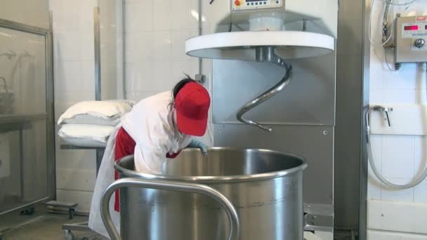 Kobieta w czerwonym fartuchu i czapce myje i dezynfekuje ugniatacz w przemyśle spożywczym. — Wideo stockowe