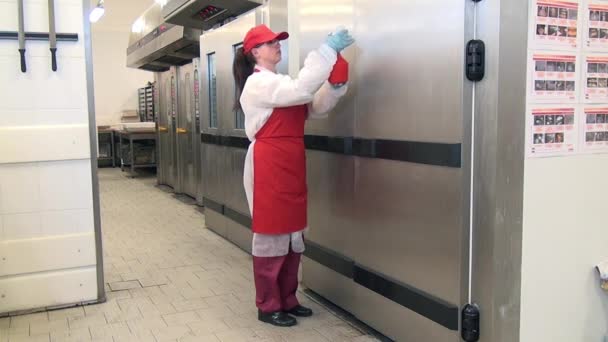 Mulher lava portas de equipamentos industriais em oficina industrial. — Vídeo de Stock