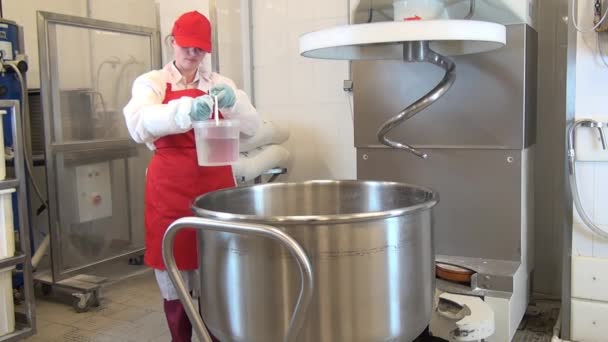 Vrouw in rood schort en pet wast en ontsmet kneder in de voedingsindustrie. — Stockvideo